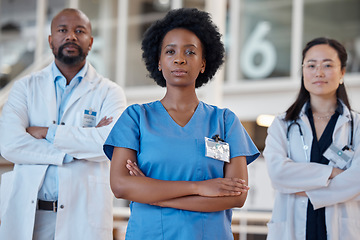 Image showing Serious black woman, portrait and doctors for teamwork, healthcare leadership and hospital management. Diversity group, medical employees and arms crossed for collaboration, trust and surgery support