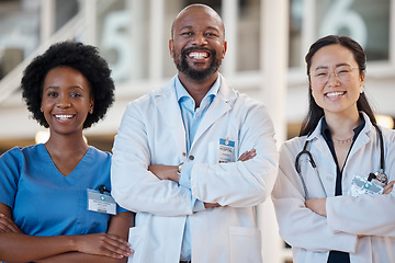 Image showing Portrait, smile and medical team of doctors with arms crossed in hospital, support and clinic services. Diversity, group and happy healthcare employees with trust for surgery collaboration together