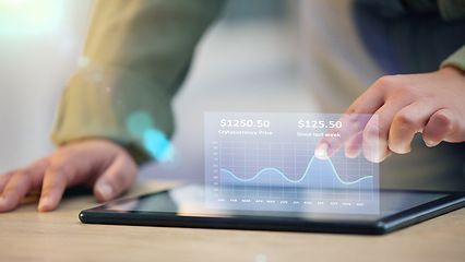 Image showing Woman, hands and tablet with 3d hologram of graph or chart for data statistics or analytics on office desk. Hand of female person or trader on technology in finance, profit or cryptocurrency on table