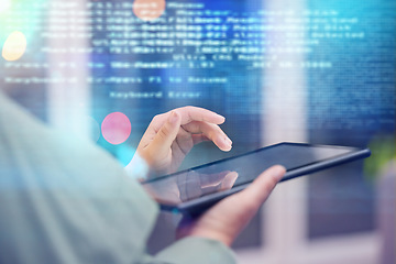 Image showing Woman, hands and tablet with coding overlay in digital transformation, software or hardware development. Hand of female person, coder or developer with technology or data analytics in double exposure