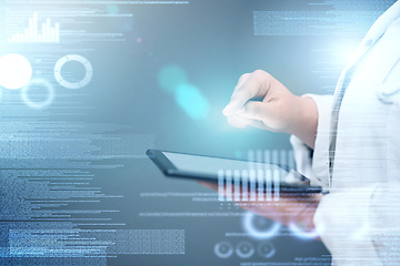 Image showing Doctor, hands and tablet with data overlay for healthcare innovation, statistics or analytics in science research. Hand of woman or medical professional working on technology with digital information