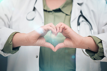 Image showing Healthcare, professional and heart sign with woman in closeup for medicine or service. Medical expert, support and love hand for cardiology or hope and care with worker for wellness or insurance.