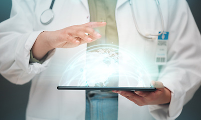 Image showing Doctor, hands and tablet with 3d hologram for global communication, healthcare or Telehealth at hospital. Hand of person or medical professional with technology display or app for global medicare