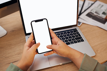 Image showing Screen, laptop and person typing on a phone and search internet for branding and business technology or social media. Online, ux and hands of entrepreneur writing on mobile app, email and networking