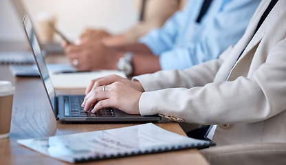 Image showing Business, hands and typing in a office with internet research and law proposal at law firm. Reading, planning and lawyer working on online, digital and web strategy for attorney case on the internet