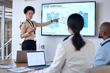 Image showing Presentation, teamwork and businesswoman talking to colleagues in the office conference room. Discussion, meeting and professional female manager doing a corporate team building workshop in workplace