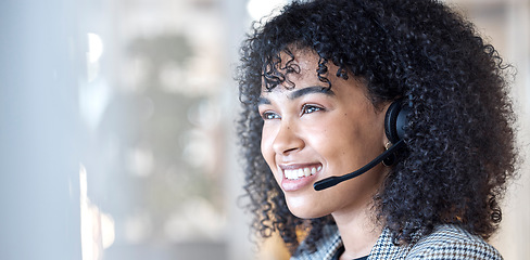 Image showing Call center, smile and woman in office consulting in crm, telemarketing or customer service. Happy, face and lady consultant working in contact us, online support or help, advice or virtual assistant