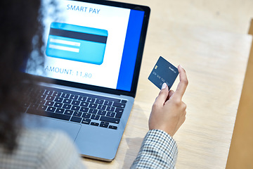 Image showing Hand, credit card and laptop for woman in office with payment, online shopping and deal at desk from back. Entrepreneur, cyber security and computer with e commerce, discount or password on internet