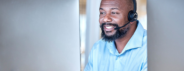 Image showing Call center, black man and communication at computer for customer service, CRM and contact us on mockup space. Banner, face and happy male agent at desktop pc for telemarketing, consulting or support