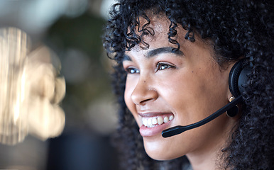 Image showing Smile, call center and woman in office consulting in crm, telemarketing or customer service. Happy, face and lady consultant working in contact us, online support or help, advice or virtual assistant