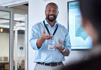 Image showing Corporate, black man and leader with presentation, planning and discussion with communication. Male person, presenter and ceo with brand development, vision and business owner with startup success