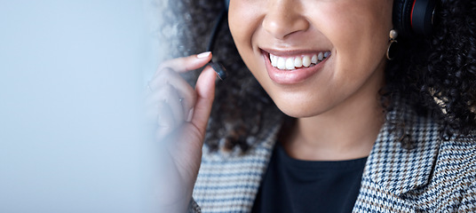 Image showing Call center, woman and mouth talking for communication, customer service and CRM at computer with mockup space. Closeup, face and happy agent with microphone for telemarketing, consulting and support