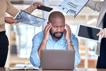 Image showing Business man, overwhelmed and stress with busy hands, documents or tablet in modern office with chaos. African corporate leader, ceo or manager with stress, burnout or fatigue by laptop with headache