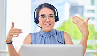 Image showing Call center, speaking and woman, consultant or agent services, advice or customer support and consulting. Communication, professional face and person in virtual consultation, helping and web contact