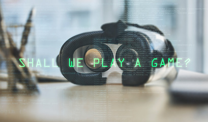 Image showing VR, game and glasses on a desk with overlay for a metaverse, digital creativity and 3d gaming. Message, future or a headset for virtual reality, graphic experience or streaming entertainment