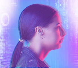 Image showing Neon, hologram screen and face of woman in studio for cyberpunk, metaverse and user experience. Virtual reality, futuristic and profile of female person with software overlay for facial recognition