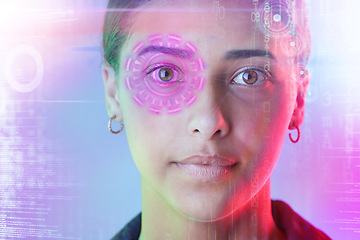 Image showing Cyber security, face and eye of woman with biometric password in the metaverse, overlay and futuristic technology. Safety, digital and young person online for facial recognition or verification