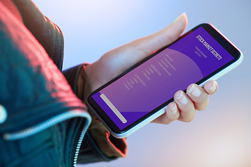 Image showing Phone, stock market and information with the hand of a person in studio on a neon background for education. Mobile, data and trading with an adult trader reading a tutorial or instructions closeup