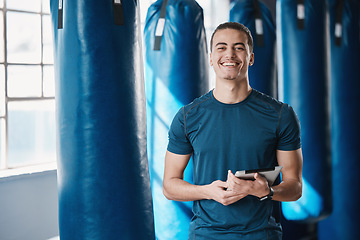 Image showing Fitness, man and gym coach with tablet ready for exercise class and training with a smile. Young male person, athlete and wellness center for personal trainer happy from workout with digital app