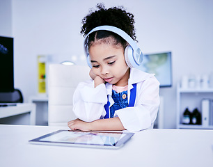 Image showing Black girl, education and science on tablet or headphones for remote work on ebook. Read, tech and digital studying with female student for knowledge, lessons or internet for development or learning.