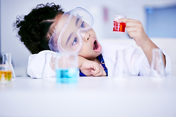 Image showing Child, science and chemistry with wow chemical in a laboratory for test or research. Face of African kid student shock or surprised for scientist, future education or learning experiment in class