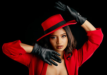 Image showing Woman, retro spy and glamour art portrait in studio with vintage fashion and cosplay agent. Young female person, black background and luxury style with cosmetics, clothes and model with confidence