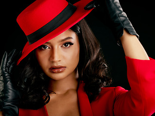 Image showing Retro, fashion and woman with red hat in portrait or designer outfit or suit with glamour in india. Makeup, beauty and vintage suit with classy girl or cosmetics with style for luxury or confidence.