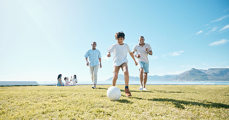 Image showing Family, soccer and men with ball in a park for fun, playing and bonding in nature on blue sky background. Sports, games and boy child with father and grandfather outdoors for weekend football match