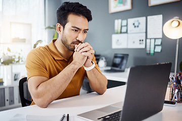 Image showing Technology, businessman thinking and with laptop in his modern office with a lens flare. Connectivity or online communication, planning or idea and man at his desk reading an email or data review