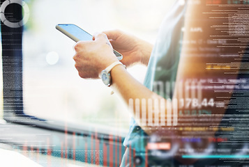 Image showing Hands, woman and double exposure with phone in closeup scrolling for information or trader. Typing, broker employee and tech with person reading on app for forex or stock market with digital data