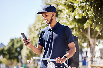 Image showing City travel, phone or happy man, delivery and courier check destination, map or location on bicycle route. Sustainable bike transportation, mobile shipping app and person smile for outdoor direction