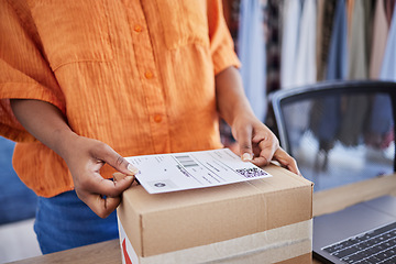 Image showing Hands, logistics or woman with box for delivery, shipping or package for ecommerce invoice information. Closeup, stock or business owner with product label or order for cargo service or sticker sign