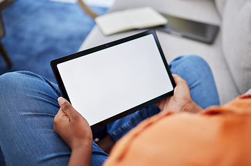 Image showing Woman, hands and tablet with mockup screen in communication, research or advertising at home. Hand of female person on technology display or chromakey for online browsing on living room sofa in house