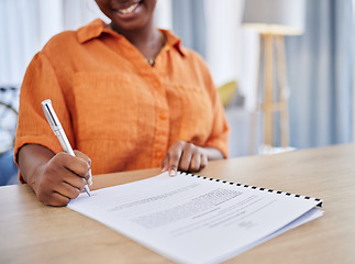 Image showing Woman, hands and signing or writing contract, form or application of document or paperwork at home. Hand of female person filling life insurance, legal agreement or survey for hiring, deal or finance