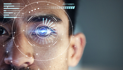 Image showing Scan hologram, eyes and face of man of biometric data, cybersecurity and futuristic technology. Holographic portrait, identity software and person with future or digital facial recognition overlay