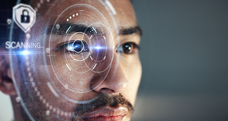 Image showing Asian man, scanning eye and biometrics for futuristic cyber security on mockup space at the office. Face of male person in future facial recognition for digital access, identification or verification