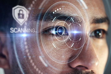 Image showing Scanning hologram, eyes and man with futuristic technology, biometric data or laser cybersecurity. Holographic lock, identity software and person focus, future or digital facial recognition overlay