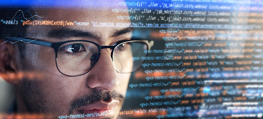 Image showing Computer, coding hologram and man in data analytics, information technology overlay or html at night. Programmer or IT person in glasses reading software script, programming or cybersecurity research