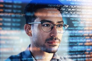 Image showing Software, coding hologram and man thinking of data analytics, night cybersecurity and 3d screen overlay. Programmer or IT person in glasses reading html script, programming and cybersecurity research