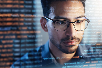 Image showing Software, coding hologram and man in data analytics, information technology overlay or html at night. Programmer or IT person in glasses reading website script, programming and cybersecurity research