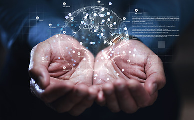 Image showing Hands, global network and future technology hologram for communication, networking or ai. Earth, globe or 3d virtual world for cyber security, cloud computing or innovation in digital data hacking