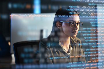 Image showing Computer, hologram and woman coding for data analysis, information technology overlay and night html. Programmer or IT person in glasses reading software script, programming or cybersecurity research