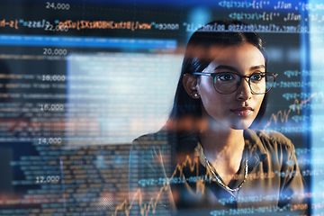 Image showing Software, coding hologram and woman in data analytics, information technology and gdpr overlay. Programmer or IT person in glasses reading script, programming and cybersecurity research on computer