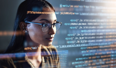 Image showing Software, data hologram and woman with code analytics, information technology and gdpr overlay. Programmer coding or IT person in glasses reading html script, programming and cyber security research