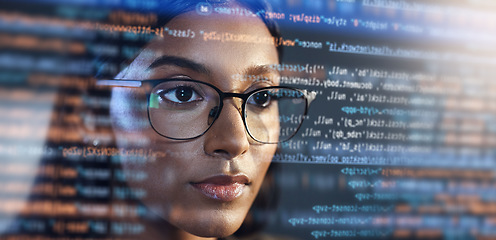 Image showing Data analysis, hologram and woman for coding software, information technology and night overlay. Programmer code or IT person in glasses reading html script, programming and cyber security research