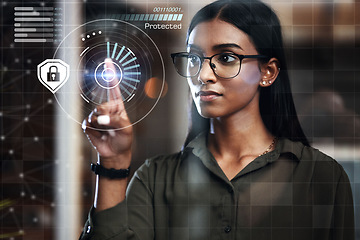 Image showing Woman, fingerprint scan and biometrics at night for futuristic cyber security, hologram or dashboard at office. Hand of female person in recognition for digital access, identification or verification