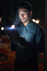 Image showing Asian man, tablet and facial recognition at night in biometrics for access, verification or identification at office. Businessman working late with technology and scanning face for cyber security