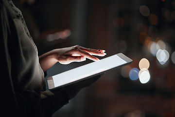 Image showing Woman, hands and tablet mockup at night for networking, social media or advertising at the office. Closeup of female person or employee working late on technology display or screen for online search