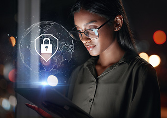 Image showing Tablet, global security and woman in hologram for data safety, software password and worldwide database. Cybersecurity, overlay and business person with digital technology, lock icon and night bokeh