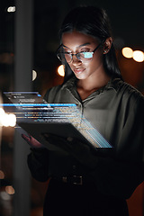 Image showing Woman, tablet and hologram at night in web design with dashboard, interface or hud display at the office. Female person, employee or developer working late on futuristic technology or code overlay